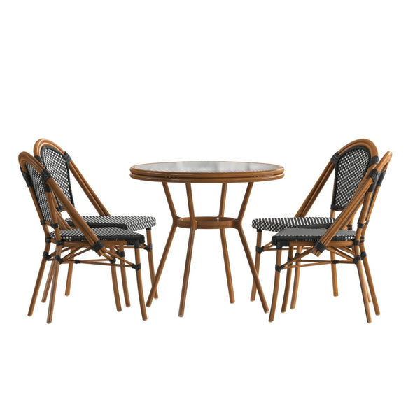 English Elm Bordeaux Indoor/Outdoor Bistro Set - 31.5" Table with Glass Top & 4 Stackable Chairs for Patios Black & White Rattan/Natural Frame SDA-AD641012-80-4001-BKWH-NAT-GG