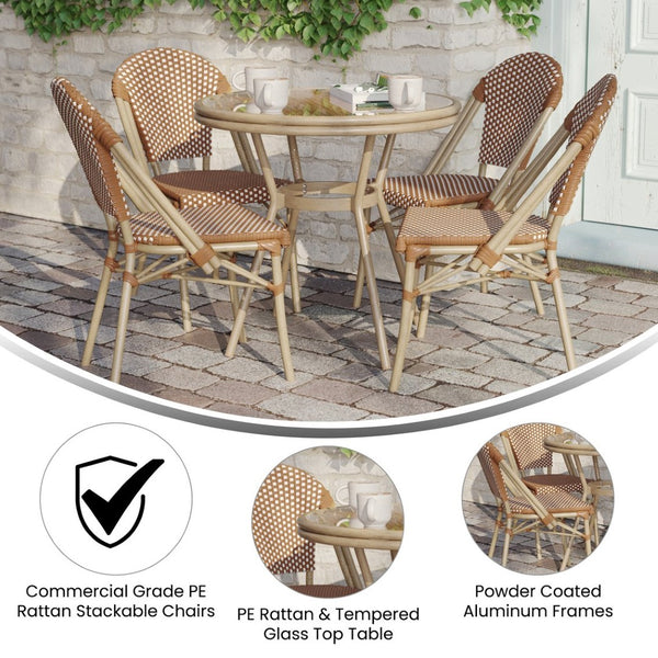 English Elm Lourdes Indoor/Outdoor Bistro Set - Durable 31.5" Glass Table with 4 Stackable Chairs for Dining Natural & White Rattan/Light Natural Frame SDA-AD641012-80-4001-F-NATWH-LTNAT-GG