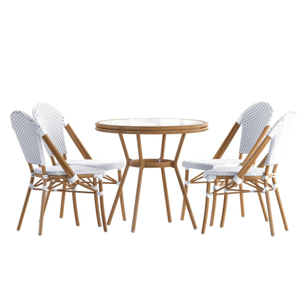 English Elm Lourdes Indoor/Outdoor Bistro Set - Durable 31.5" Glass Table with 4 Stackable Chairs for Dining White & Gray Rattan/Natural Frame SDA-AD641012-80-4001-F-WHGY-NAT-GG