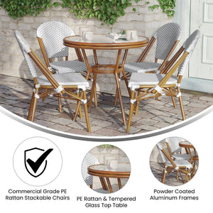 English Elm Lourdes Indoor/Outdoor Bistro Set - Durable 31.5" Glass Table with 4 Stackable Chairs for Dining White & Gray Rattan/Natural Frame SDA-AD641012-80-4001-F-WHGY-NAT-GG