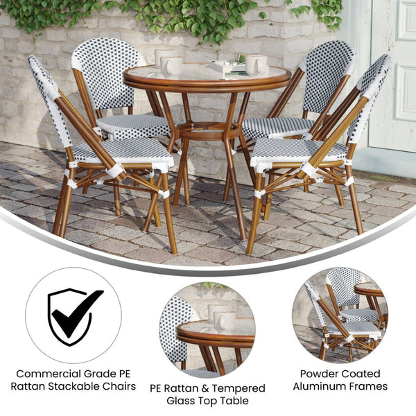English Elm Lourdes Indoor/Outdoor Bistro Set - Durable 31.5" Glass Table with 4 Stackable Chairs for Dining White & Navy Rattan/Natural Frame SDA-AD641012-80-4001-F-WHNVY-NAT-GG