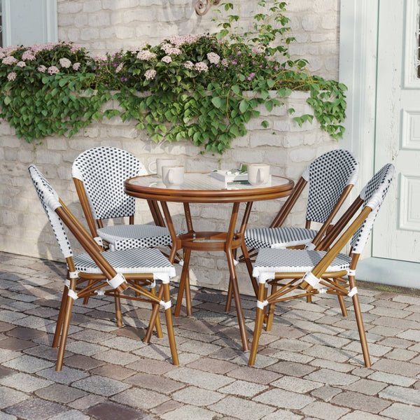 English Elm Lourdes Indoor/Outdoor Bistro Set - Durable 31.5" Glass Table with 4 Stackable Chairs for Dining White & Navy Rattan/Natural Frame SDA-AD641012-80-4001-F-WHNVY-NAT-GG