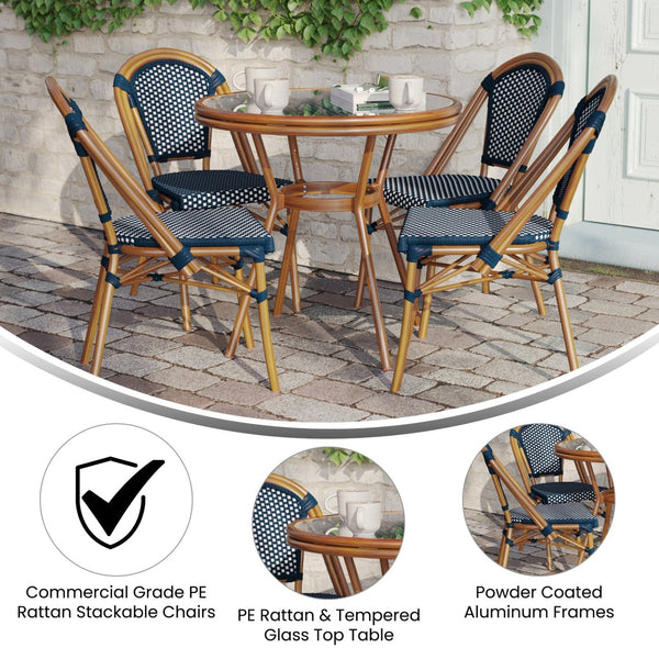 English Elm Bordeaux Indoor/Outdoor Bistro Set - 31.5" Table with Glass Top & 4 Stackable Chairs for Patios Navy & White Rattan/Natural Frame SDA-AD641012-80-4001-NVYWH-NAT-GG