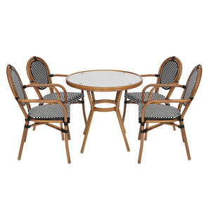 English Elm Lourdes Indoor/Outdoor Bistro Set: 31.5" Glass Table & 4 Stackable Chairs for Commercial Use SDA-AD641012-80-4002A-BKWH-NAT-GG