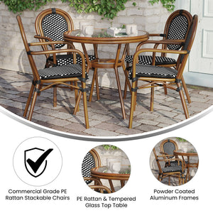 English Elm Lourdes Indoor/Outdoor Bistro Set: 31.5" Glass Table & 4 Stackable Chairs for Commercial Use SDA-AD641012-80-4002A-BKWH-NAT-GG
