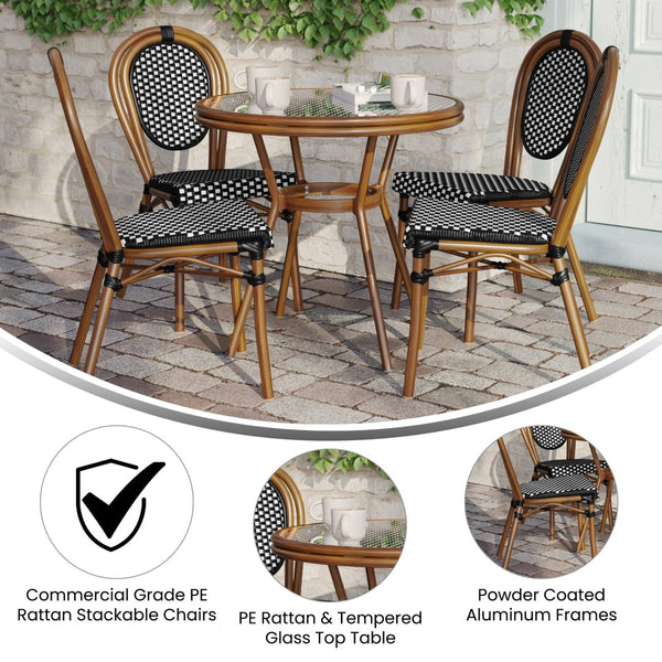 English Elm Lourdes Indoor/Outdoor Bistro Set - 31.5" Glass Table & 4 Stackable Chairs in Black & White Rattan SDA-AD641012-80-4002S-BKWH-NAT-GG