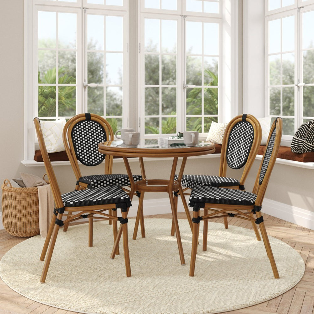 English Elm Lourdes Indoor/Outdoor Bistro Set - 31.5" Glass Table & 4 Stackable Chairs in Black & White Rattan SDA-AD641012-80-4002S-BKWH-NAT-GG