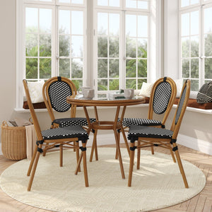 English Elm Lourdes Indoor/Outdoor Bistro Set - 31.5" Glass Table & 4 Stackable Chairs in Black & White Rattan SDA-AD641012-80-4002S-BKWH-NAT-GG