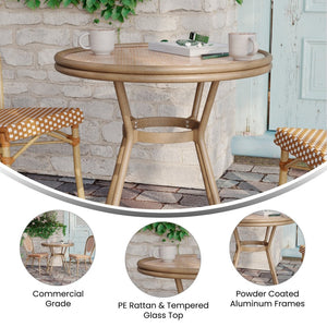 English Elm Lourdes Indoor/Outdoor Bistro Table - Stylish PE Rattan, Tempered Glass Top, Durable Aluminum Frame Natural & White Rattan/Light Natural Frame 31.5" Round SDA-AD641012-80-NATWH-LTNAT-GG