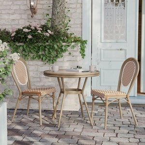 English Elm Lourdes Indoor/Outdoor Bistro Table - Stylish PE Rattan, Tempered Glass Top, Durable Aluminum Frame Natural & White Rattan/Light Natural Frame 31.5" Round SDA-AD641012-80-NATWH-LTNAT-GG