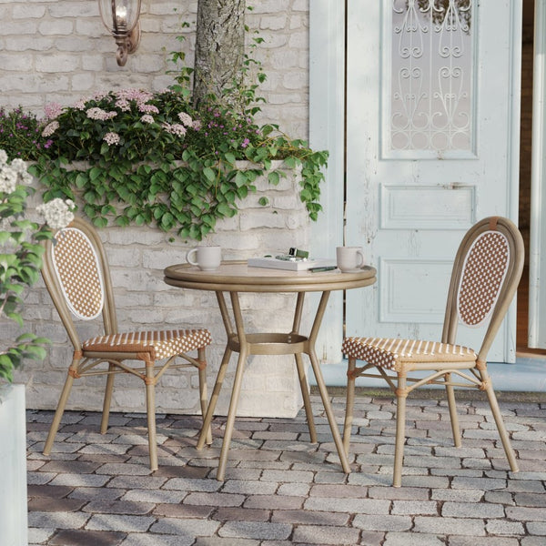 English Elm Lourdes Indoor/Outdoor Bistro Table - Stylish PE Rattan, Tempered Glass Top, Durable Aluminum Frame Natural & White Rattan/Light Natural Frame 31.5" Round SDA-AD641012-80-NATWH-LTNAT-GG