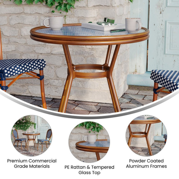 English Elm Lourdes Indoor/Outdoor Bistro Table - Stylish PE Rattan, Tempered Glass Top, Durable Aluminum Frame Navy & White Rattan/Natural Frame 31.5" Round SDA-AD641012-80-NVYWH-NAT-GG