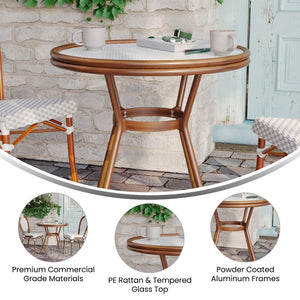 English Elm Lourdes Indoor/Outdoor Bistro Table - Stylish PE Rattan, Tempered Glass Top, Durable Aluminum Frame White & Gray Rattan/Natural Frame 31.5" Round SDA-AD641012-80-WHGY-NAT-GG