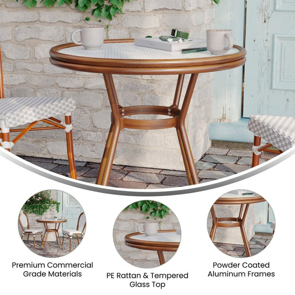 English Elm Lourdes Indoor/Outdoor Bistro Table - Stylish PE Rattan, Tempered Glass Top, Durable Aluminum Frame White & Gray Rattan/Natural Frame 31.5" Round SDA-AD641012-80-WHGY-NAT-GG
