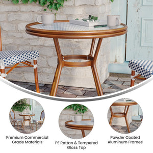 English Elm Lourdes Indoor/Outdoor Bistro Table - Stylish PE Rattan, Tempered Glass Top, Durable Aluminum Frame White & Navy Rattan/Natural Frame 31.5" Round SDA-AD641012-80-WHNVY-NAT-GG