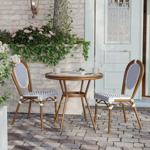 English Elm Lourdes Indoor/Outdoor Bistro Table - Stylish PE Rattan, Tempered Glass Top, Durable Aluminum Frame White & Navy Rattan/Natural Frame 31.5" Round SDA-AD641012-80-WHNVY-NAT-GG