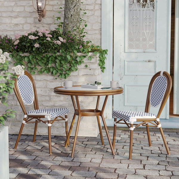 English Elm Lourdes Indoor/Outdoor Bistro Table - Stylish PE Rattan, Tempered Glass Top, Durable Aluminum Frame White & Navy Rattan/Natural Frame 31.5" Round SDA-AD641012-80-WHNVY-NAT-GG