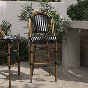 English Elm Bordeaux Stackable Bistro Barstool - 30" High, Commercial-Grade, Indoor/Outdoor Seating Solution Black & White/Natural Frame SDA-AD642001-BS-BKWH-NAT-GG