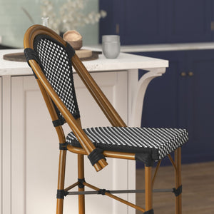 English Elm Bordeaux Stackable Bistro Barstool - 30" High, Commercial-Grade, Indoor/Outdoor Seating Solution Black & White/Natural Frame SDA-AD642001-BS-BKWH-NAT-GG