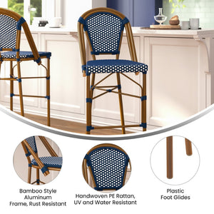 English Elm Bordeaux Stackable Bistro Barstool - 30" High, Commercial-Grade, Indoor/Outdoor Seating Solution Navy & White/Natural Frame SDA-AD642001-BS-NVYWH-NAT-GG
