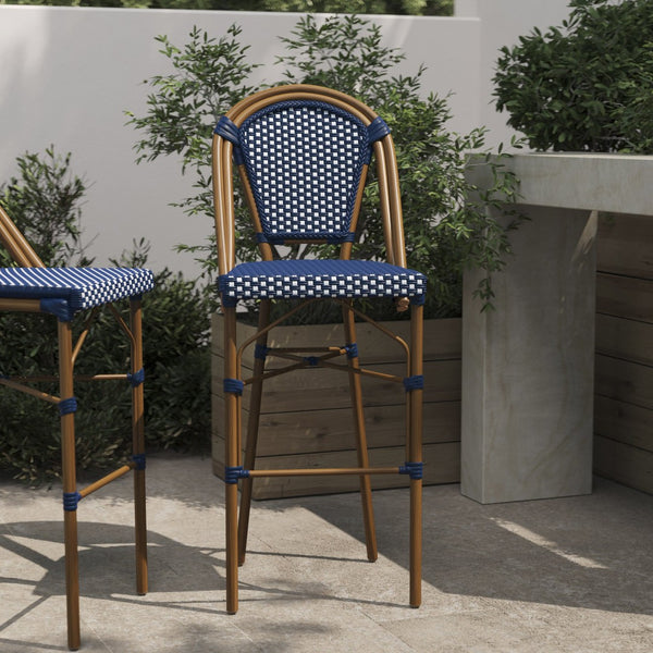 English Elm Bordeaux Stackable Bistro Barstool - 30" High, Commercial-Grade, Indoor/Outdoor Seating Solution Navy & White/Natural Frame SDA-AD642001-BS-NVYWH-NAT-GG