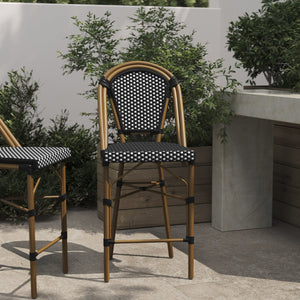 English Elm Bordeaux Stackable Bistro Counter Stool – Commercial-Grade Indoor/Outdoor Seating for Stylish Spaces Black & White/Natural Frame SDA-AD642001-CS-BKWH-NAT-GG