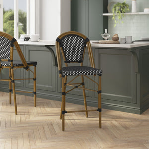 English Elm Bordeaux Stackable Bistro Counter Stool – Commercial-Grade Indoor/Outdoor Seating for Stylish Spaces Black & White/Natural Frame SDA-AD642001-CS-BKWH-NAT-GG