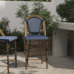 English Elm Bordeaux Stackable Bistro Counter Stool – Commercial-Grade Indoor/Outdoor Seating for Stylish Spaces Navy & White/Natural Frame SDA-AD642001-CS-NVYWH-NAT-GG