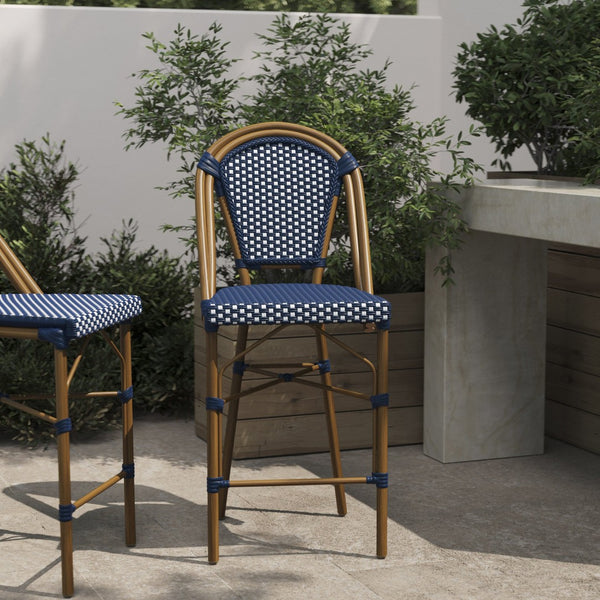 English Elm Bordeaux Stackable Bistro Counter Stool – Commercial-Grade Indoor/Outdoor Seating for Stylish Spaces Navy & White/Natural Frame SDA-AD642001-CS-NVYWH-NAT-GG