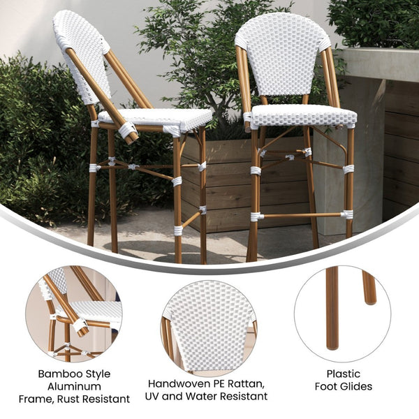 English Elm Lourdes Stackable Bistro Barstool – Durable Indoor/Outdoor Seating for Restaurants and Patios White & Gray/Natural Frame SDA-AD642001-F-BS-WHGY-NAT-GG