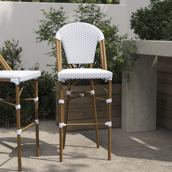 English Elm Lourdes Stackable Bistro Barstool – Durable Indoor/Outdoor Seating for Restaurants and Patios White & Gray/Natural Frame SDA-AD642001-F-BS-WHGY-NAT-GG