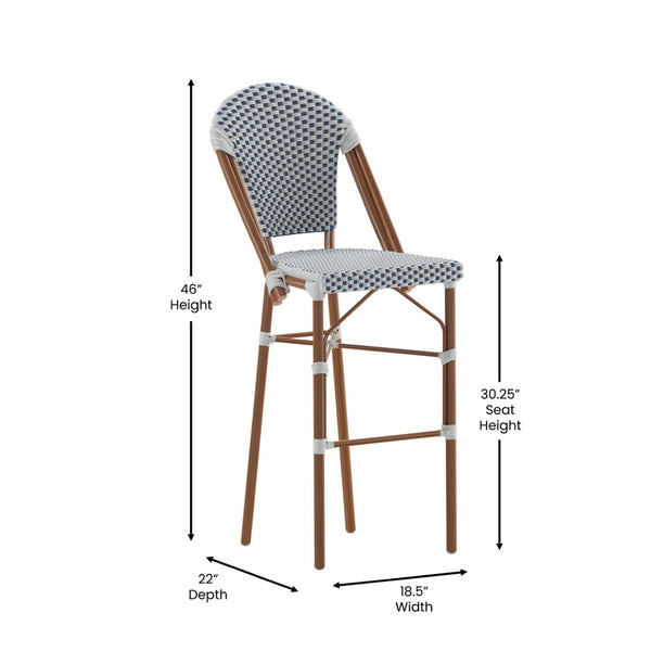 English Elm Lourdes Stackable Bistro Barstool – Durable Indoor/Outdoor Seating for Restaurants and Patios White & Navy/Natural Frame SDA-AD642001-F-BS-WHNVY-NAT-GG