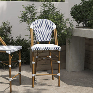 English Elm Lourdes Stackable Bistro Counter Stool - Elegant Indoor/Outdoor Seating, Commercial-Grade Comfort White & Navy/Natural Frame SDA-AD642001-F-CS-WHNVY-NAT-GG