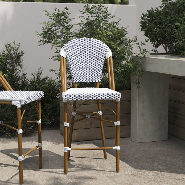 English Elm Lourdes Stackable Bistro Counter Stool - Elegant Indoor/Outdoor Seating, Commercial-Grade Comfort White & Navy/Natural Frame SDA-AD642001-F-CS-WHNVY-NAT-GG