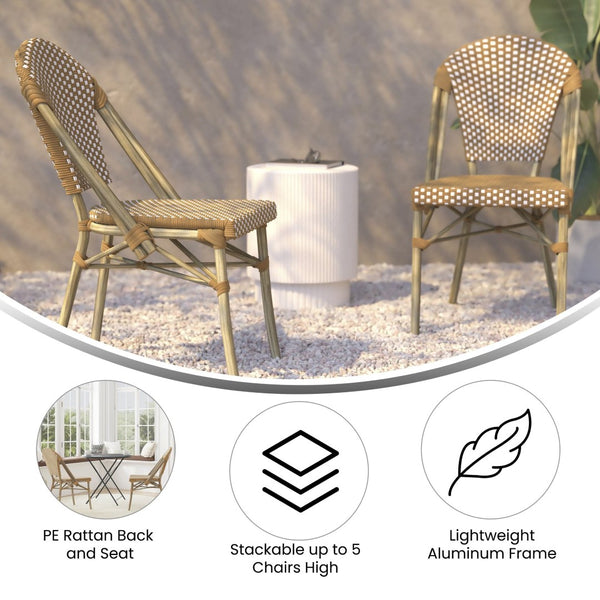 English Elm Lourdes Indoor/Outdoor Commercial Bistro Stacking Chair with Durable PE Rattan and Bamboo Print Frame Natural & White/Light Natural Frame SDA-AD642001-F-NATWH-LTNAT-GG