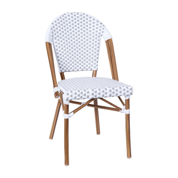 English Elm Lourdes Indoor/Outdoor Commercial Bistro Stacking Chair with Durable PE Rattan and Bamboo Print Frame White & Gray/Natural Frame SDA-AD642001-F-WHGY-NAT-GG