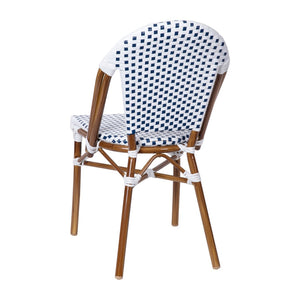 English Elm Lourdes Indoor/Outdoor Commercial Bistro Stacking Chair with Durable PE Rattan and Bamboo Print Frame White & Navy/Natural Frame SDA-AD642001-F-WHNVY-NAT-GG
