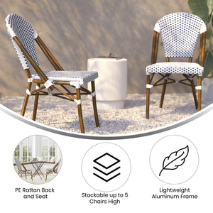English Elm Lourdes Indoor/Outdoor Commercial Bistro Stacking Chair with Durable PE Rattan and Bamboo Print Frame White & Navy/Natural Frame SDA-AD642001-F-WHNVY-NAT-GG
