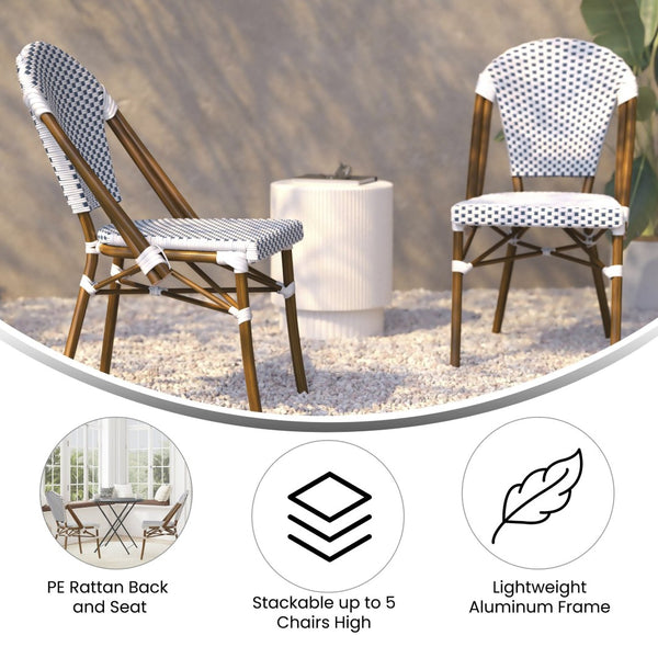English Elm Lourdes Indoor/Outdoor Commercial Bistro Stacking Chair with Durable PE Rattan and Bamboo Print Frame White & Navy/Natural Frame SDA-AD642001-F-WHNVY-NAT-GG
