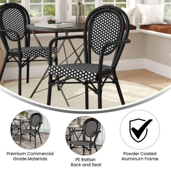 English Elm Lourdes Thonet-Style Bistro Chair - Stackable Indoor/Outdoor Seating for Commercial and Residential Use Black & White/Black Frame SDA-AD642002A-BKWH-BK-GG