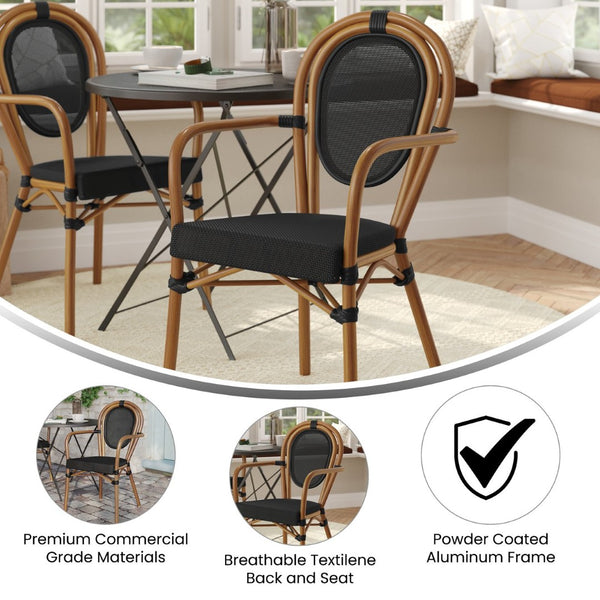 English Elm Marseille Bistro Stacking Chair - Commercial-Grade Indoor/Outdoor Comfort with Bamboo Print Frame Black/Natural Frame SDA-AD642002A-TXT-BK-NAT-GG