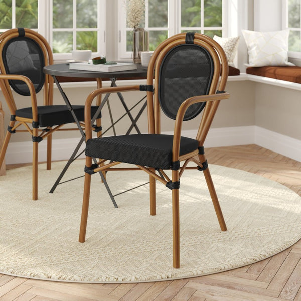 English Elm Marseille Bistro Stacking Chair - Commercial-Grade Indoor/Outdoor Comfort with Bamboo Print Frame Black/Natural Frame SDA-AD642002A-TXT-BK-NAT-GG