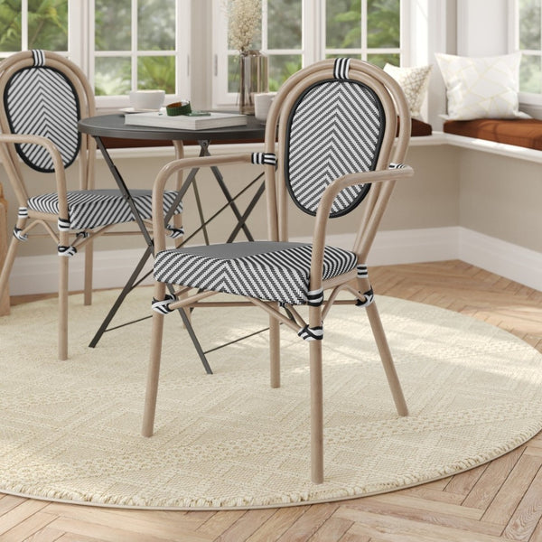 English Elm Marseille Bistro Stacking Chair - Commercial-Grade Indoor/Outdoor Comfort with Bamboo Print Frame Black & White/Light Natural Frame SDA-AD642002A-TXT-BLKWH-LTNAT-GG