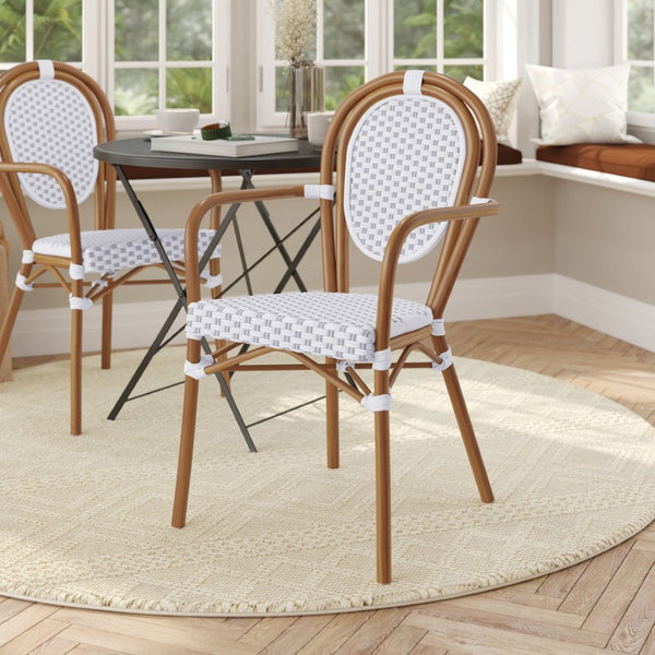 English Elm Lourdes Thonet-Style Bistro Chair - Stackable Indoor/Outdoor Seating for Commercial and Residential Use White & Gray/Natural Frame SDA-AD642002A-WHGY-NAT-GG