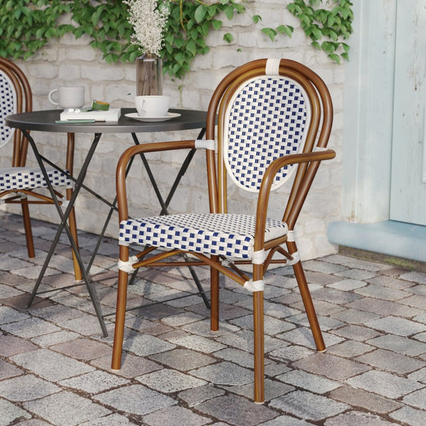 English Elm Lourdes Thonet-Style Bistro Chair - Stackable Indoor/Outdoor Seating for Commercial and Residential Use White & Navy/Natural Frame SDA-AD642002A-WHNVY-NAT-GG