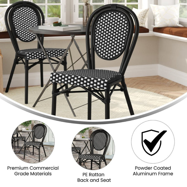 English Elm Lourdes Indoor/Outdoor Bistro Stacking Chair - Stylish, Durable, and Weather-Resistant Design Black & White/Black Frame SDA-AD642002S-BKWH-BK-GG