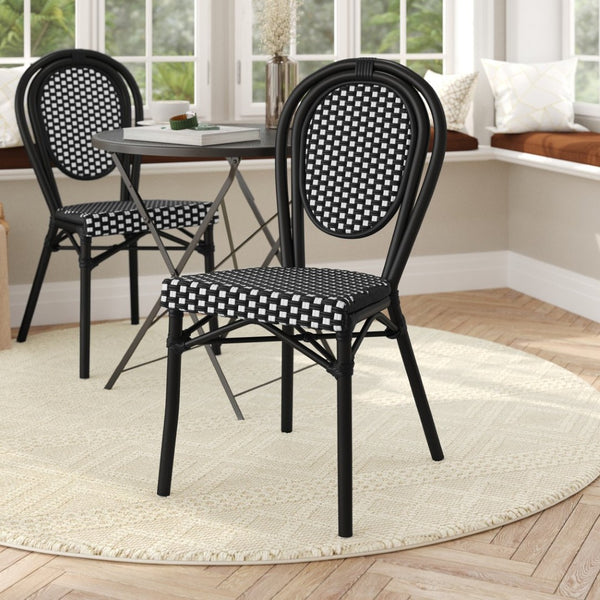 English Elm Lourdes Indoor/Outdoor Bistro Stacking Chair - Stylish, Durable, and Weather-Resistant Design Black & White/Black Frame SDA-AD642002S-BKWH-BK-GG