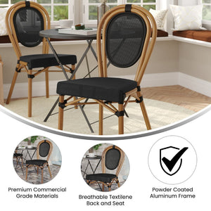 English Elm Marseille Indoor/Outdoor Bistro Stacking Chair – Durable Aluminum Frame with Classic Bamboo Finish Black/Natural Frame SDA-AD642002S-TXT-BK-NAT-GG