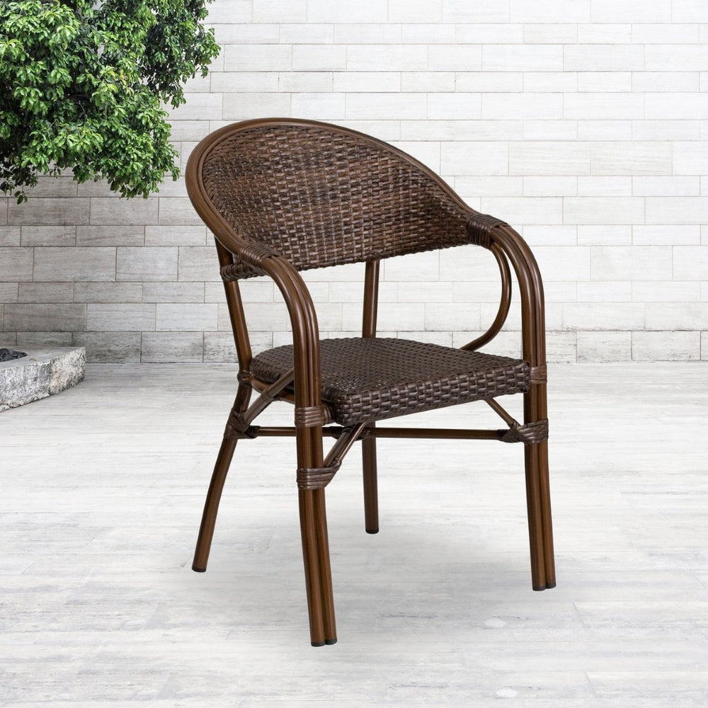 English Elm Milano Series Elegant Outdoor Restaurant Patio Chair for Cafés, Dining & Bistro Spaces Cocoa Rattan/Bamboo-Aluminum Frame SDA-AD642003R-1-GG