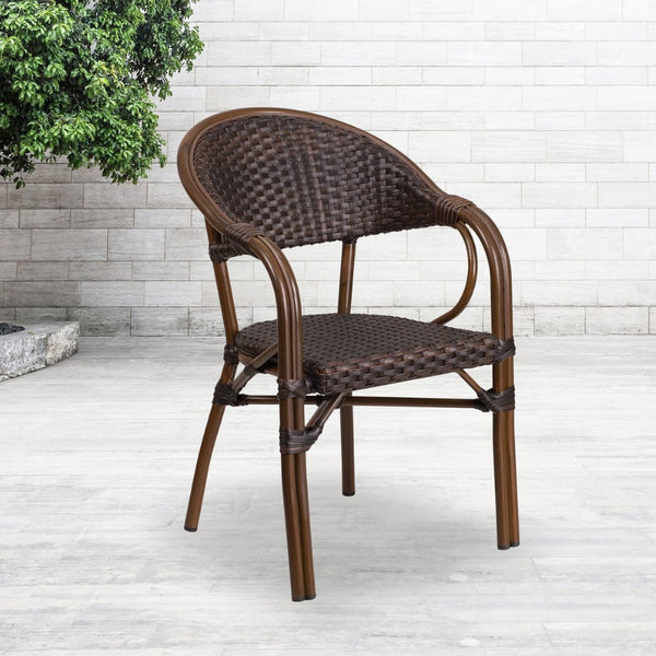 English Elm Milano Series Elegant Outdoor Restaurant Patio Chair for Cafés, Dining & Bistro Spaces Dark Brown Rattan/Red Bamboo-Aluminum Frame SDA-AD642003R-2-GG